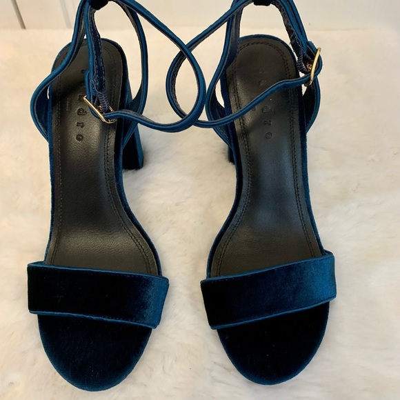 Sandro Paris block heels blue velvet buckle closure at ankles Size 6 - Picture 9 of 12